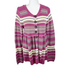 Free People Sweater Women Large Pink Striped Beige Button Up Cardigan Boho
